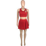Solid Color Red Hollow Vest Pleated Skirt Two Piece Set