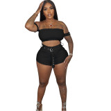 Sexy Solid Pit Clubwear Split Joint Off the Shoulder Short Sleeve Two Piece Shorts Set