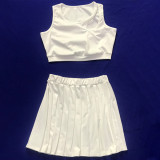 Solid Color White Hollow Vest Pleated Skirt Two Piece Set