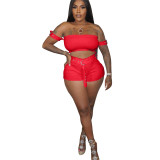 Sexy Solid Pit Clubwear Split Joint Off the Shoulder Short Sleeve Two Piece Shorts Set