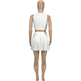 Solid Color White Hollow Vest Pleated Skirt Two Piece Set