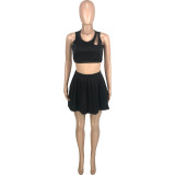 Solid Color Black Hollow Vest Pleated Skirt Two Piece Set
