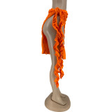 Sexy Solid Orange Pleated Slit Midi Skirt