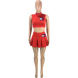 Casual Red Offset Print Zip Tank Top Pleated Culottes Sports Two-Piece Set