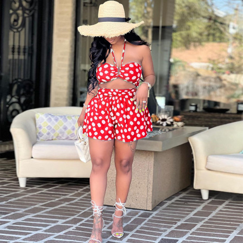 Women Casual Sexy Beach Vacation Style Polka Dots Tube Top And Shorts Two Piece Set