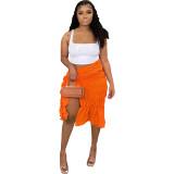 Sexy Solid Orange Pleated Slit Midi Skirt