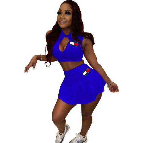 Casual Royal Blue Offset Print Zip Tank Top Pleated Culottes Sports Two-Piece Set