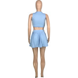 Solid Color Light Blue Hollow Vest Pleated Skirt Two Piece Set