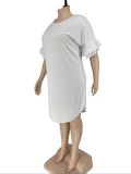White Half Sleeve Round Neck Knee-Length Ruffle Sleeve A-Line Dress