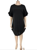 Black Half Sleeve Round Neck Knee-Length Ruffle Sleeve A-Line Dress