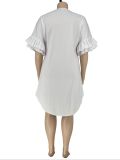 White Half Sleeve Round Neck Knee-Length Ruffle Sleeve A-Line Dress