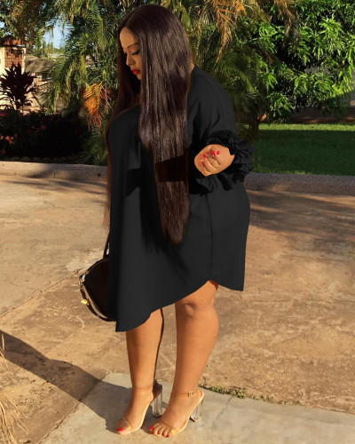 Black Half Sleeve Round Neck Knee-Length Ruffle Sleeve A-Line Dress
