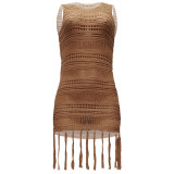 Brown Sexy Perspective Mesh Knitting Fringe Beach Dress