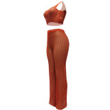 Summer Orange Beachwear Hollow Knitted Hollow Crop Top Casual Sleeveless Pant Set