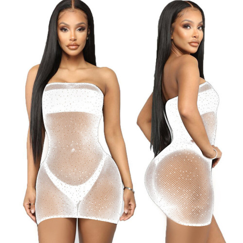 White Bathing Suit Cover Ups Hot Drill Perspective Mesh Sexy Dress with Thong