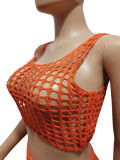 Summer Orange Beachwear Hollow Knitted Hollow Crop Top Casual Sleeveless Pant Set