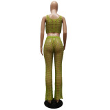 Summer Green Beachwear Hollow Knitted Hollow Crop Top Casual Sleeveless Pant Set