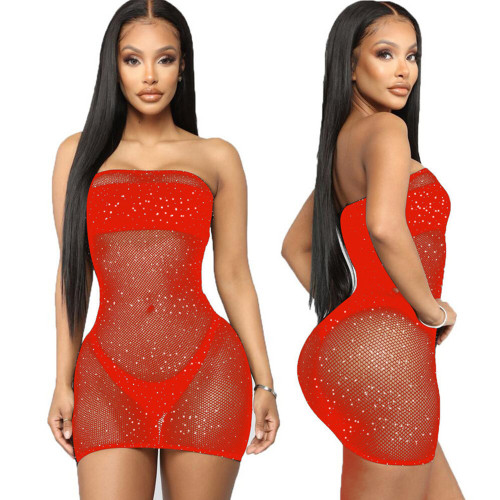 Red Bathing Suit Cover Ups Hot Drill Perspective Mesh Sexy Dress with Thong
