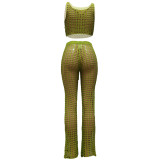 Summer Green Beachwear Hollow Knitted Hollow Crop Top Casual Sleeveless Pant Set