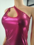 Rose Sexy Lingerie Leather Single Shoulder Sleeveless Mini Dress with Hollow including Thong