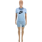 Casual Light Blue Letter Offset Printed T Shirt And Shorts Two Piece Sets