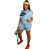 Casual Light Blue Letter Offset Printed T Shirt And Shorts Two Piece Sets