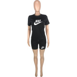 Casual Black Letter Offset Printed T Shirt And Shorts Two Piece Sets