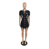 Summer Casual Black Printed Striped Baseball Short Sleeve Single-breasted Button Up Dress