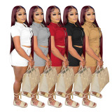 Red Casual Women's Turndown Neck Zipper Printed Short Sleeve Short Set