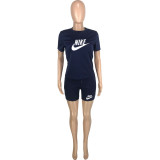Casual Dark Blue Letter Offset Printed T Shirt And Shorts Two Piece Sets