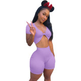 Purple Solid Color Hollow Out Sexy Crop Top Bodycon Shorts Set