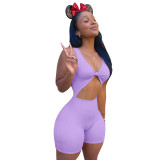 Purple Sexy Hollow Out Jumpsuit Sleeveless Bodycon Women's Solid Playsuit Shorts
