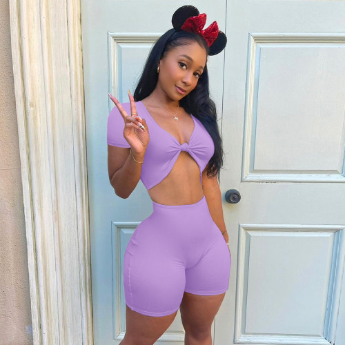Purple Solid Color Hollow Out Sexy Crop Top Bodycon Shorts Set