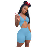 Blue Sexy Hollow Out Jumpsuit Sleeveless Bodycon Women's Solid Playsuit Shorts