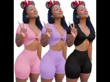 Black Solid Color Hollow Out Sexy Crop Top Bodycon Shorts Set