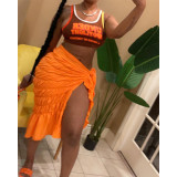 Orange Sexy Solid Knotted Slit Pleated Skirt