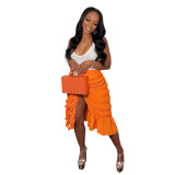 Orange Sexy Solid Knotted Slit Pleated Skirt