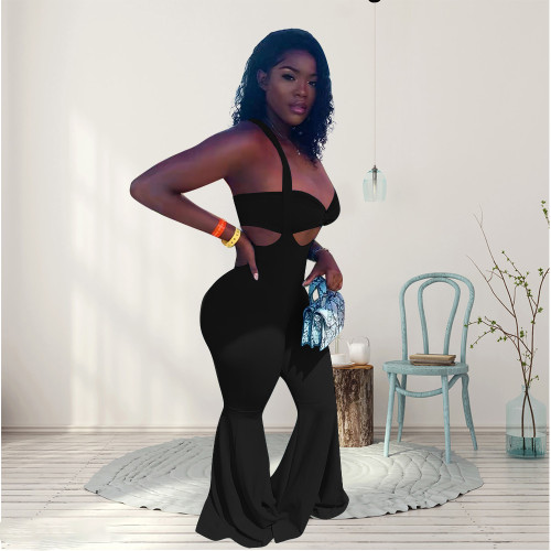 Black Solid Color Sexy Plus Size Tube Top adn Suspender Trousers