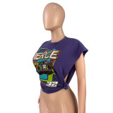 Casual Purple Cool Racing Print Bandage Hollowed Out Split Joint O Neck T-Shirts