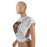 Casual White Cool Racing Print Bandage Hollowed Out Split Joint O Neck T-Shirts