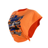 Casual Orange Cool Racing Print Bandage Hollowed Out Split Joint O Neck T-Shirts