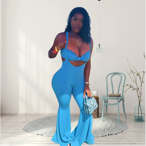 Light Blue Solid Color Sexy Plus Size Tube Top adn Suspender Trousers