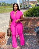 Rose Fashion Shirt Collar Single-breasted Wide Leg Jumpsuit with Belted