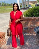 Red Fashion Shirt Collar Single-breasted Wide Leg Jumpsuit with Belted