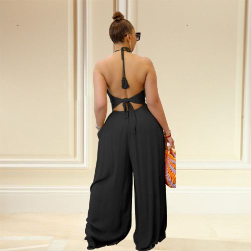 Black Sexy Suspenders Backless Bandeau Wide Leg Jumpsuits