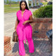 Rose Fashion Shirt Collar Single-breasted Wide Leg Jumpsuit with Belted