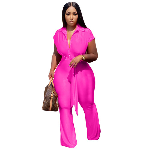 Rose Fashion Shirt Collar Single-breasted Wide Leg Jumpsuit with Belted