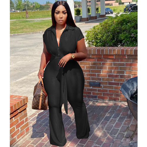 Black Fashion Shirt Collar Single-breasted Wide Leg Jumpsuit with Belted