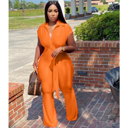 Orange Fashion Shirt Collar Single-breasted Wide Leg Jumpsuit with Belted