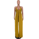 Yellowish Brown Sexy Suspenders Backless Bandeau Wide Leg Jumpsuits